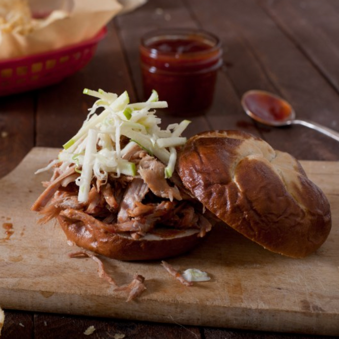 PULLED PORK WITH PINEAPPLE BBQ SAUCE AND APPLE JICAMA SLAW